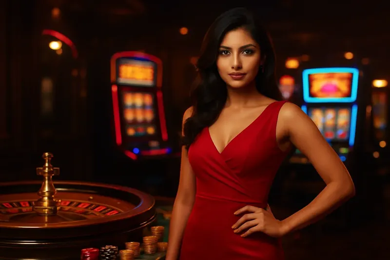 Bangladesh Casino Banner Elegant woman in red dress standing by roulette and slot machines with gold coins and poker chips in a luxury casino atmosphere