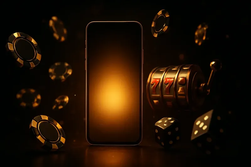 Glowing Smartphone Casino Banner Panoramic banner with glowing smartphone, casino chips, slot reels, and dice on dark luxury background